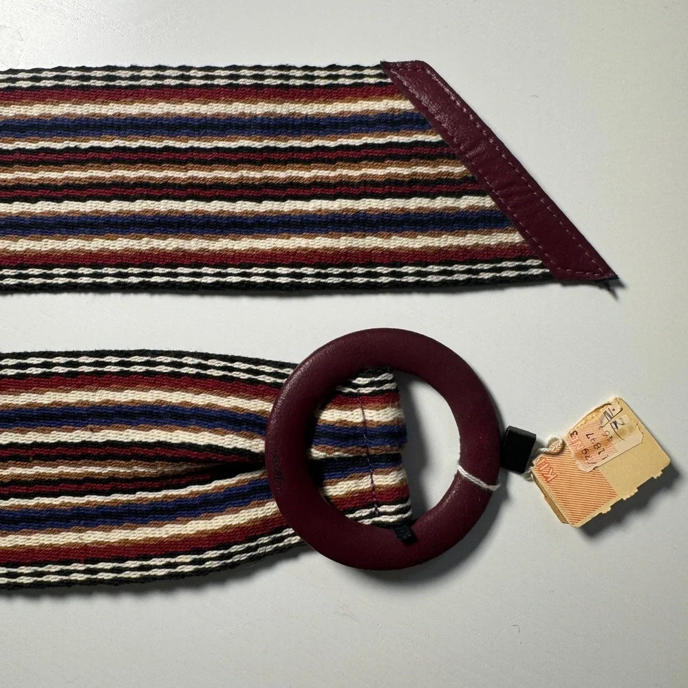 Vtg Woven Striped Belt Burgundy Leather Round Buckle Wide Dopamine chic elegant